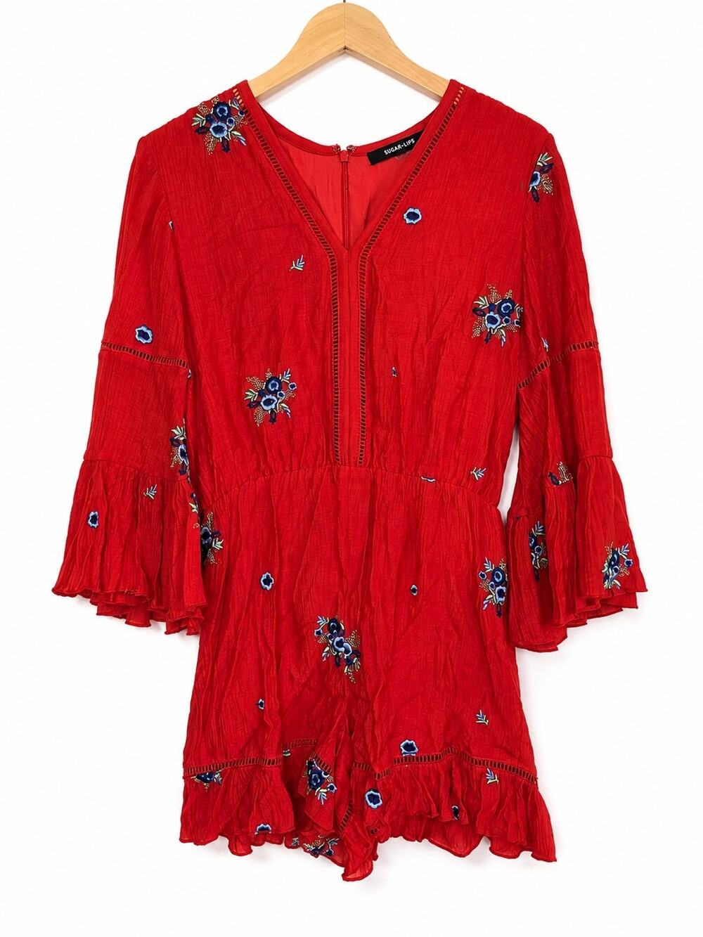 Sugarlips Women's Romper Medium Orange Blue Floral Embroidered Boho V Neck